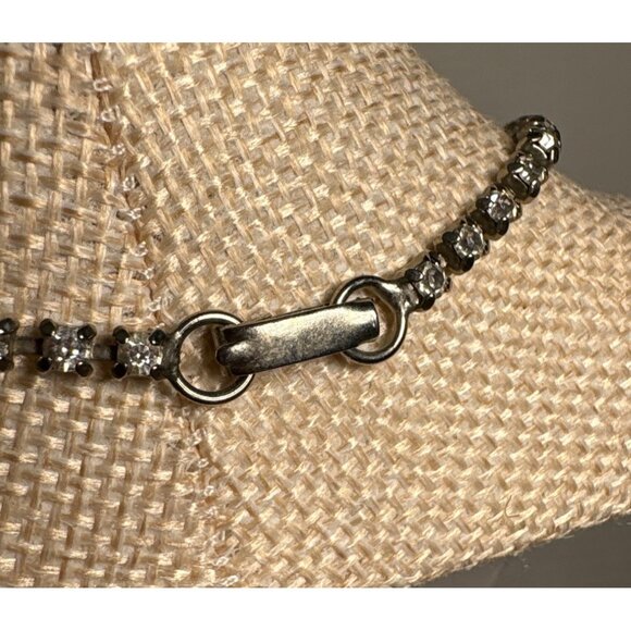 Vintage Rhinestone Tennis Necklace Silver Tone Elegant Jewelry Chocker 14" - Picture 5 of 6